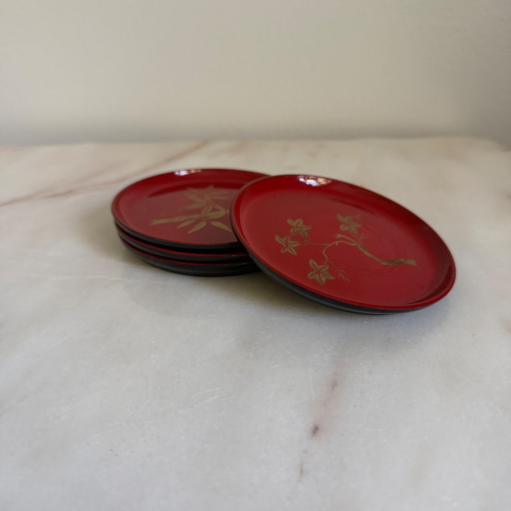 Vintage Japanese Red Lacquerware Coasters Set of 4 Gold Botanical Floral Dishes